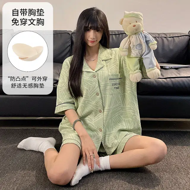 夏芬妍 柔软舒适休闲翻领开衫短袖亲肤时尚可外穿家居服睡衣套装 男女同款