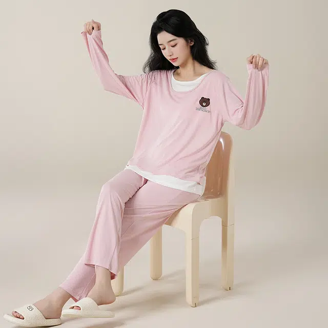 夏芬妍 简约柔软舒适透气亲肤纯色小熊假两件圆领家居服休闲宽松长袖长裤带胸垫可外穿睡衣套装 女款 粉色