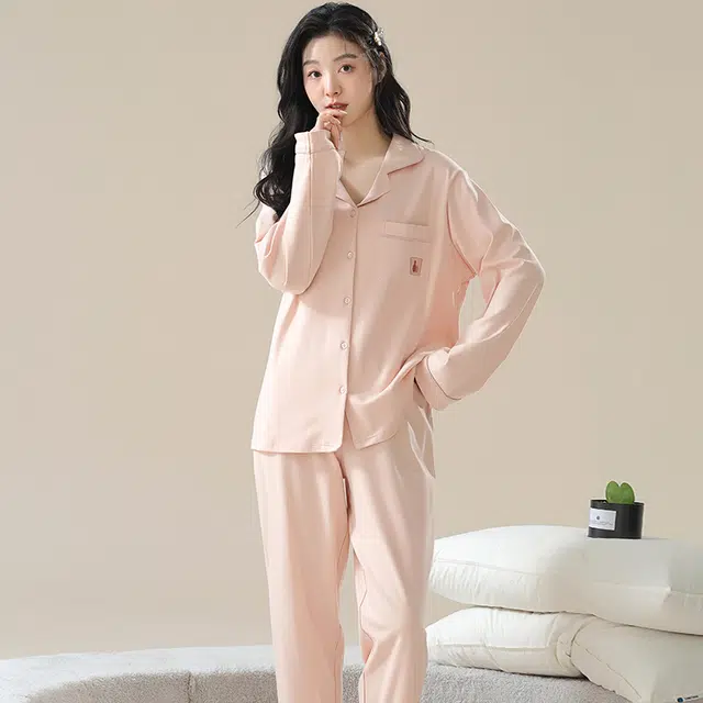 夏芬妍 时尚休闲舒适纯色贴袋翻领家居服亲肤宽松长袖长裤可外穿春秋款睡衣套装 女款 蜜桃粉色