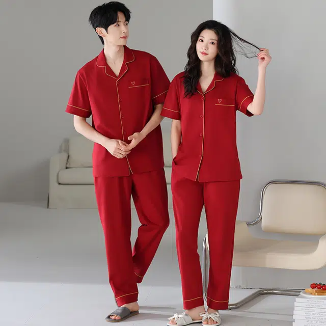 夏芬妍 喜气简约柔软舒适翻领开衫中国红本命年家居服亲肤休闲短袖长裤时尚可外穿睡衣套装 男女同款
