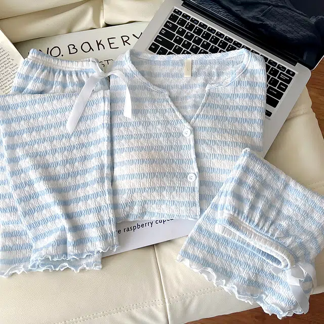 夏芬妍 舒适百搭条纹带胸垫开衫家居服亲肤休闲短袖时尚可外穿睡衣套装 女款 蓝色