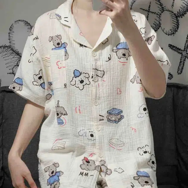 夏芬妍 甜美休闲舒适时尚萌趣小狗双层棉纱翻领家居服亲肤宽松短袖短裤可外穿睡衣套装 女款 杏色