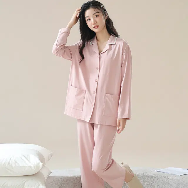 夏芬妍 时尚休闲舒适纯色贴袋翻领家居服亲肤宽松长袖长裤可外穿春秋款睡衣套装 女款 藕粉色