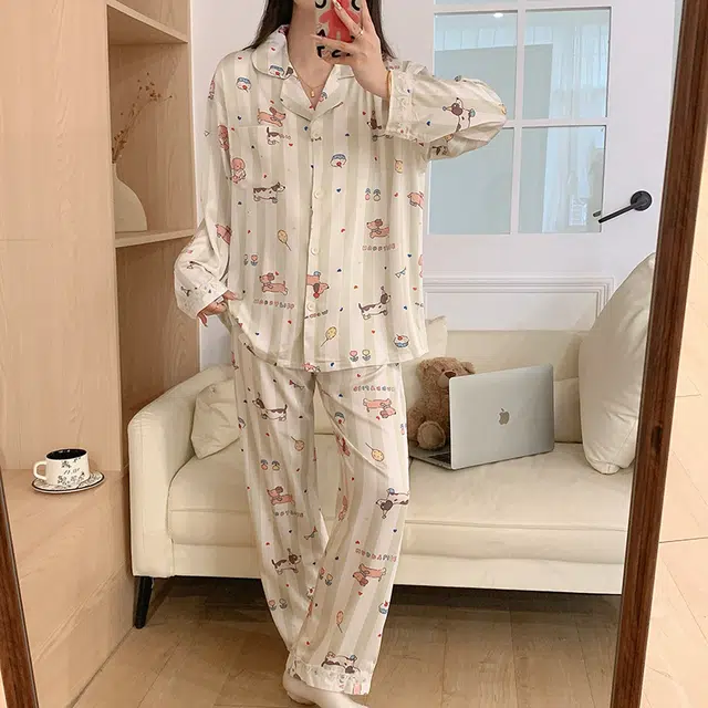 夏芬妍 甜美休闲舒适条纹派对小狗冰丝家居服亲肤宽松长袖长裤时尚可外穿睡衣套装 女款