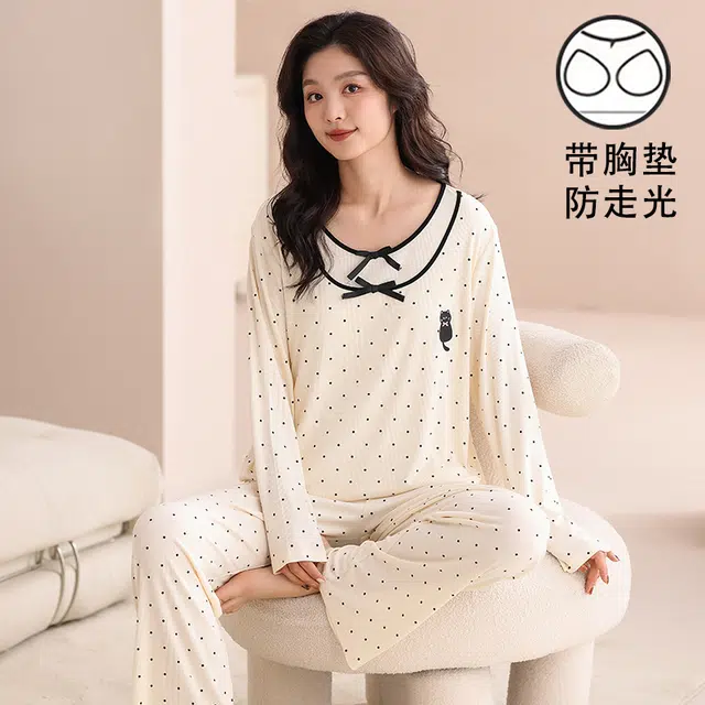 夏芬妍 时尚舒适柔软甜美假两件波点小猫带胸垫家居服简约休闲亲肤宽松长袖长裤可外穿睡衣套装 女款 杏色