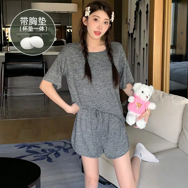 夏芬妍 柔软舒适慵懒风纯色圆领家居服亲肤休闲带胸垫短袖短裤时尚可外穿睡衣套装 女款 深灰色