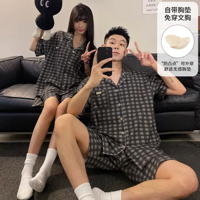夏芬妍 柔软舒适休闲格子翻领开衫短袖亲肤时尚可外穿家居服睡衣套装 男女同款 灰棕色