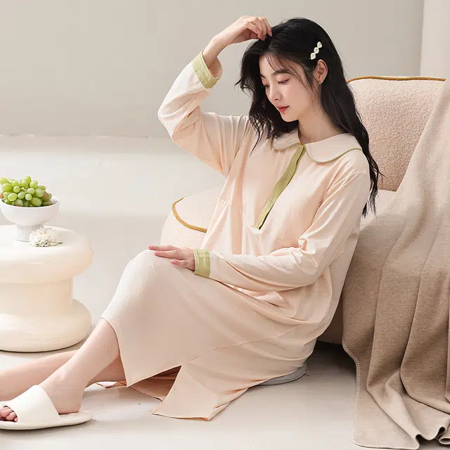 夏芬妍 简约优雅舒适撞色贴袋翻领带胸垫开衫家居服休闲宽松亲肤长袖长裤可外穿睡衣套装 女款 浅杏色