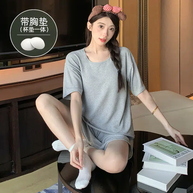 夏芬妍 柔软舒适慵懒风纯色圆领家居服亲肤休闲带胸垫短袖短裤时尚可外穿睡衣套装 女款 浅灰色