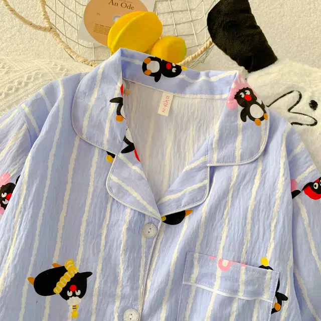 夏芬妍 柔软舒适趣味企鹅云朵棉翻领开衫家居服亲肤休闲短袖短裤可外穿睡衣套装 女款 蓝色