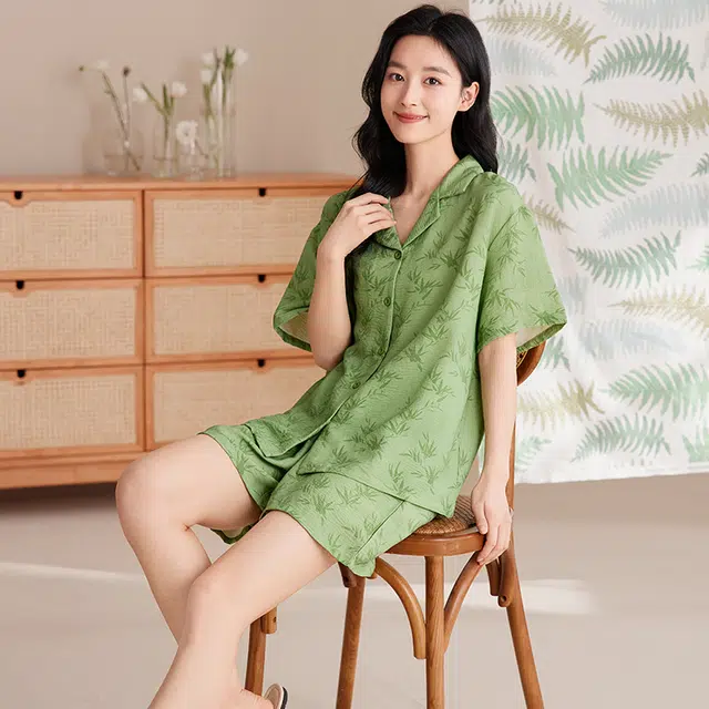 夏芬妍 甜美可爱印花云朵棉舒适亲肤休闲凉感短袖短裤时尚开衫可外穿家居服睡衣套装 女款 绿色