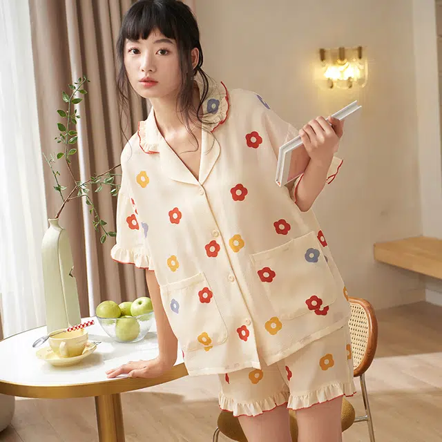 夏芬妍 甜美柔软舒适小红花云朵棉翻领家居服亲肤休闲短袖短裤可外穿睡衣套装 女款 杏色