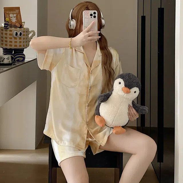 夏芬妍 休闲舒适高级感晕染冰丝翻领家居服亲肤宽松短袖短裤长裤时尚可外穿夏季睡衣套装 女款
