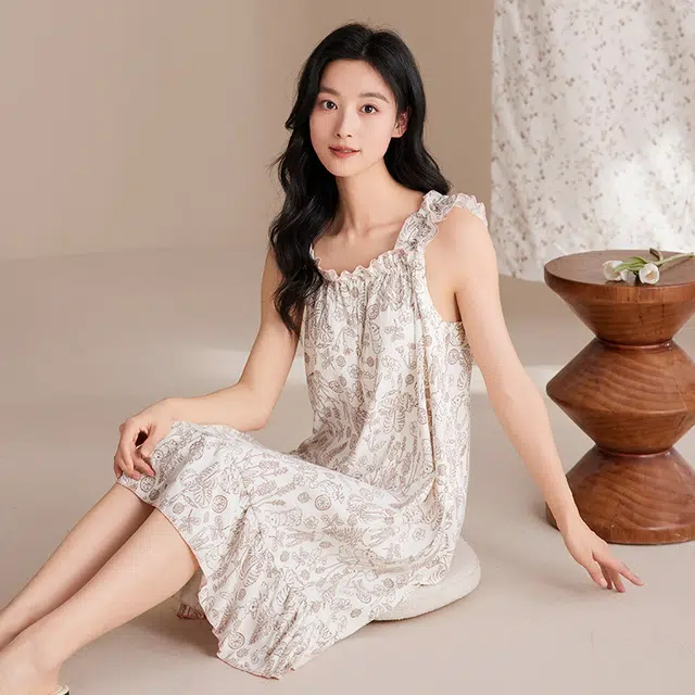 夏芬妍 甜美公主风碎花吊带云朵棉睡衣家居服简约休闲带胸垫可外穿夏季睡裙 女款