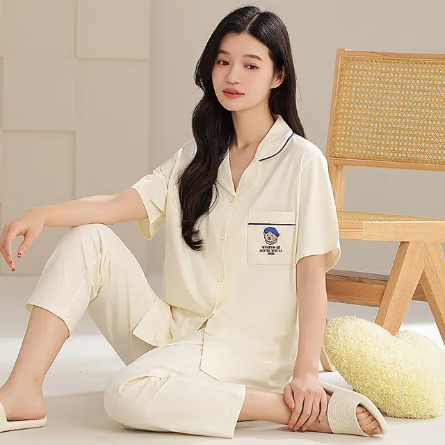 夏芬妍 时尚柔软亲肤戴帽小熊翻领开衫家居服简约休闲舒适短袖长裤可外穿睡衣套装 女款 米黄色