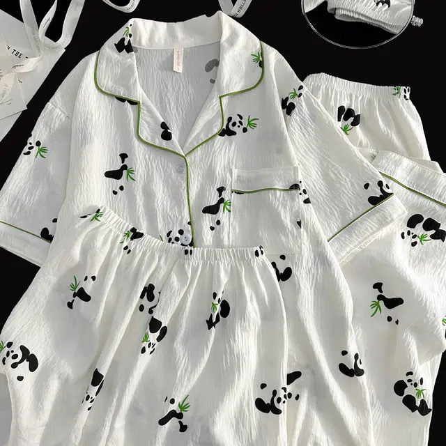 夏芬妍 柔软舒适卡通竹叶熊猫云朵棉翻领开衫家居服亲肤休闲短袖三件套时尚可外穿睡衣套装 女款 杏色
