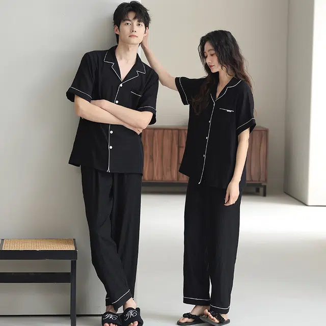 夏芬妍 时尚柔软舒适纯色云朵棉翻领开衫家居服休闲亲肤时尚可外穿短袖长裤睡衣套装 男女同款 黑色