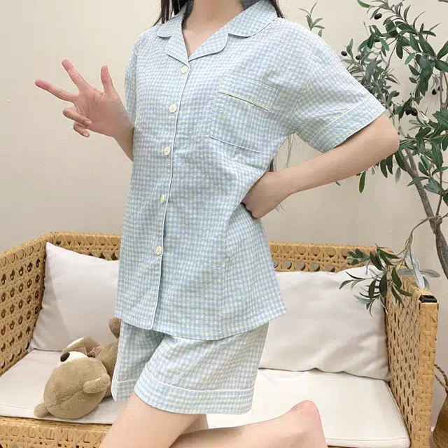 夏芬妍 简约休闲舒适时尚纯色纯棉翻领家居服亲肤宽松短袖短裤可外穿睡衣套装 女款 蓝色