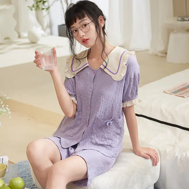 夏芬妍 甜美柔软舒适花边云朵棉公主翻领家居服亲肤休闲短袖短裤可外穿睡衣套装 女款 紫色