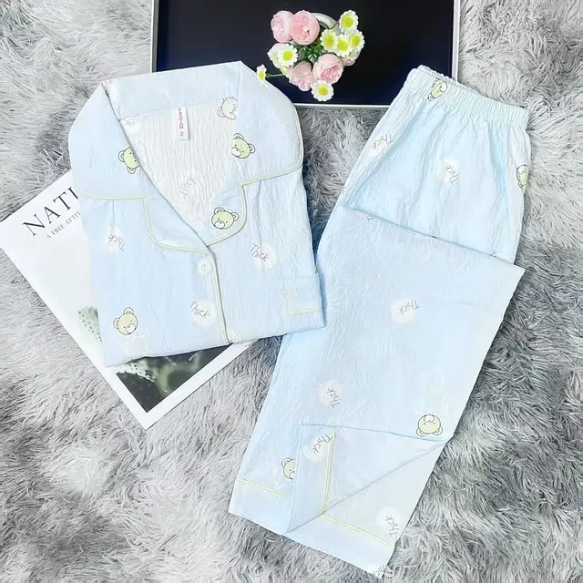 夏芬妍 简约卡通满印圆点小熊翻领云朵棉短袖长裤家居服可爱舒适休闲可外穿睡衣套装 女款 蓝色