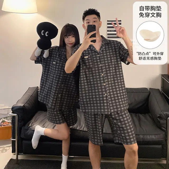 夏芬妍 柔软舒适休闲格子翻领开衫短袖亲肤时尚可外穿家居服睡衣套装 男女同款 灰棕色