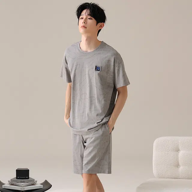 夏芬妍 亲肤舒适字母满印纯棉圆领家居服柔软休闲短袖短裤时尚可外穿睡衣套装 男款