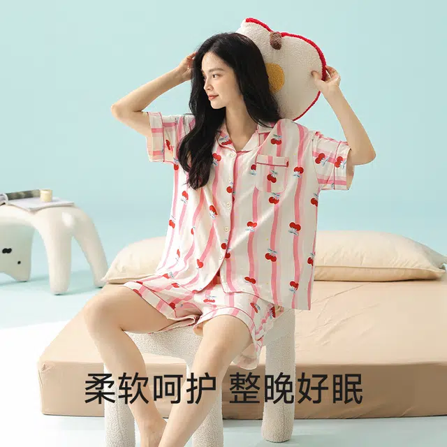 夏芬妍 柔软舒适透气亲肤条纹樱桃翻领家居服休闲凉感短袖时尚可外穿睡衣套装 女款 粉色