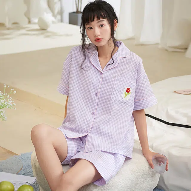 夏芬妍 甜美柔软舒适格子花朵云朵棉翻领家居服亲肤休闲短袖短裤可外穿睡衣套装 女款 紫色