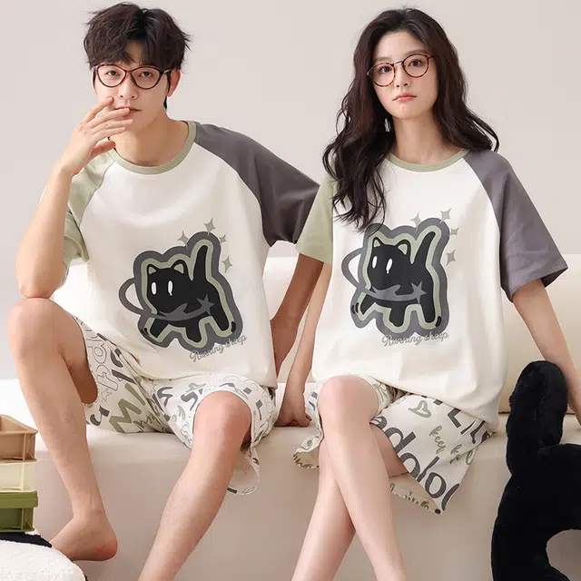夏芬妍 柔软字母黑猫翻领家居服休闲舒适短袖短裤时尚可外穿睡衣套装 男女同款