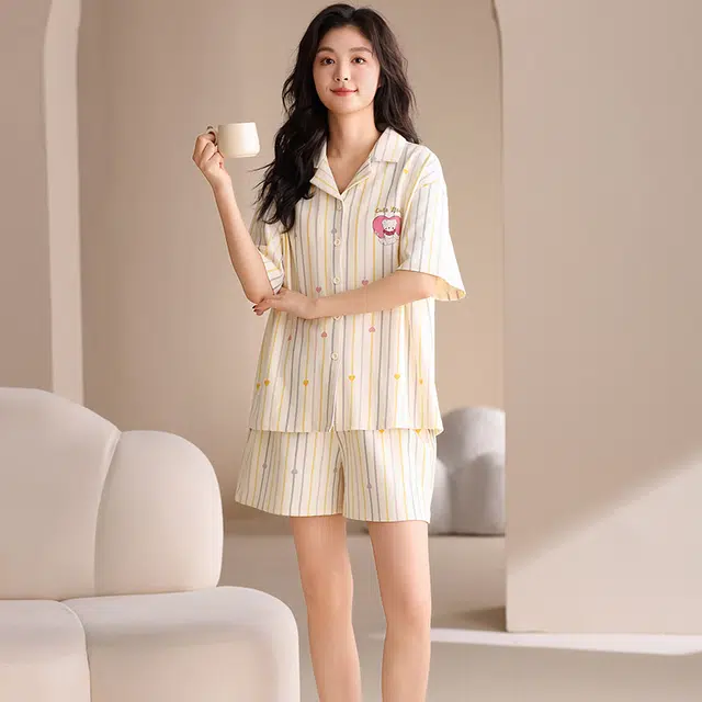 夏芬妍 甜美可爱条纹爱心小熊舒适亲肤宽松短袖短裤时尚翻领可外穿家居服睡衣套装 女款 杏色