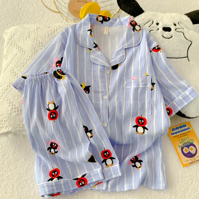 夏芬妍 柔软舒适趣味企鹅云朵棉翻领开衫家居服亲肤休闲短袖短裤可外穿睡衣套装 女款 蓝色
