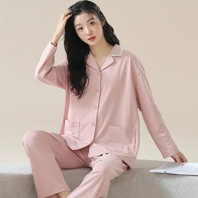 夏芬妍 时尚休闲舒适纯色贴袋翻领家居服亲肤宽松长袖长裤可外穿春秋款睡衣套装 女款 藕粉色