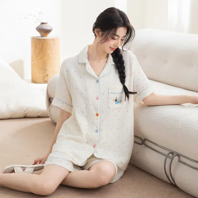 夏芬妍 甜美可爱卡通婴儿棉双层纱翻领短袖短裤家居服简约休闲可外穿睡衣套装 女款