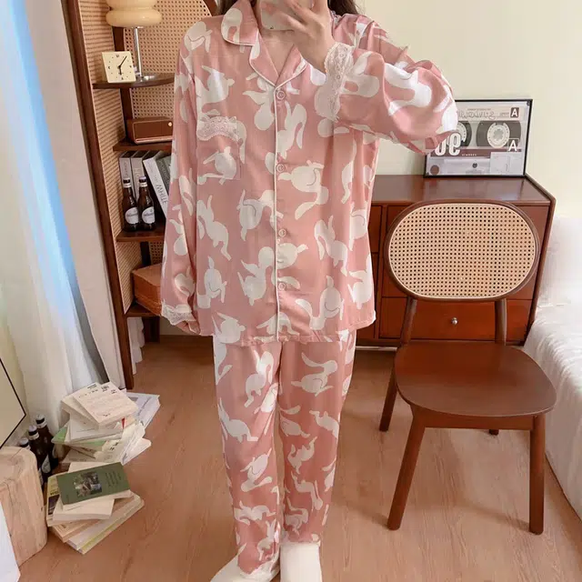 夏芬妍 甜美休闲舒适兔子缎面冰丝家居服柔软亲肤宽松长袖长裤可外穿睡衣套装 女款 粉色