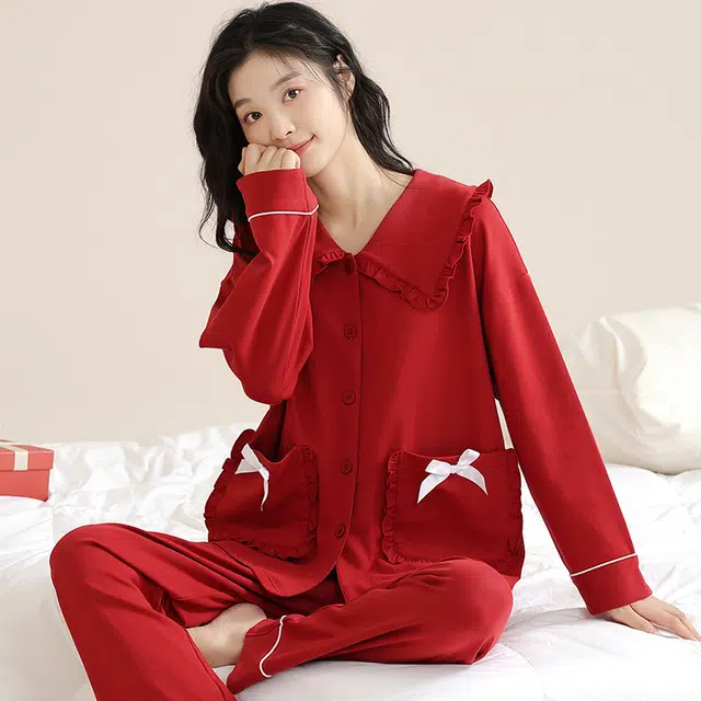 夏芬妍 亲肤舒适蝴蝶结贴袋花边拼接公主领纯棉家居服简约休闲长袖长裤可外穿喜庆本命年睡衣套装 女款 红色