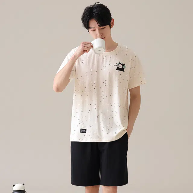 夏芬妍 柔软舒适卡通音乐猫圆领家居服亲肤休闲短袖短裤时尚可外穿夏季睡衣套装 男款