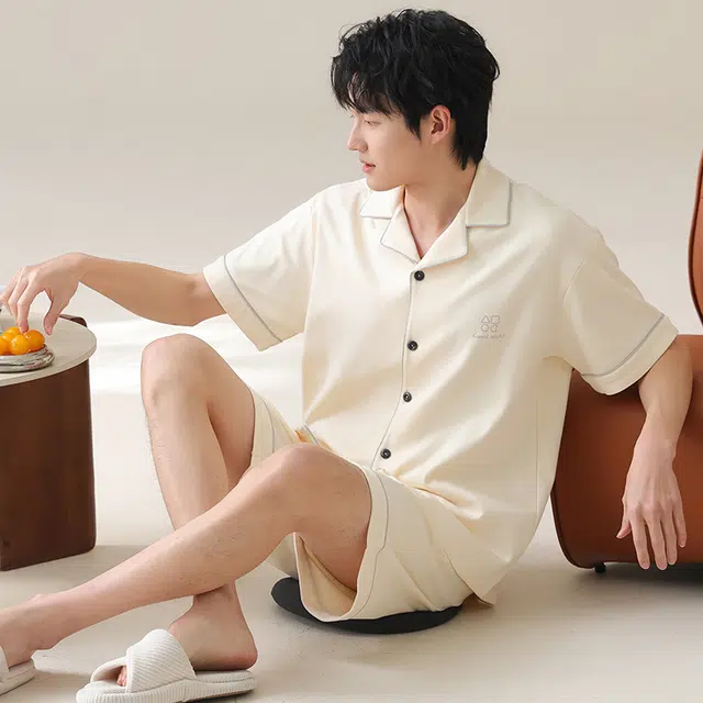 夏芬妍 简约舒适柔软高级感纯色纯棉翻领开衫家居服亲肤休闲短袖短裤时尚可外穿睡衣套装 男款 杏色