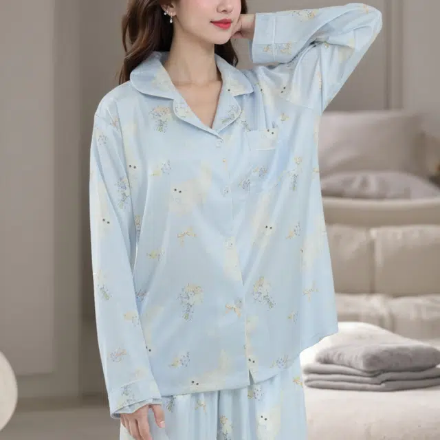 夏芬妍 时尚甜美蝴蝶结小猫冰丝翻领家居服简约休闲舒适亲肤宽松长袖长裤可外穿睡衣套装 女款 蓝色