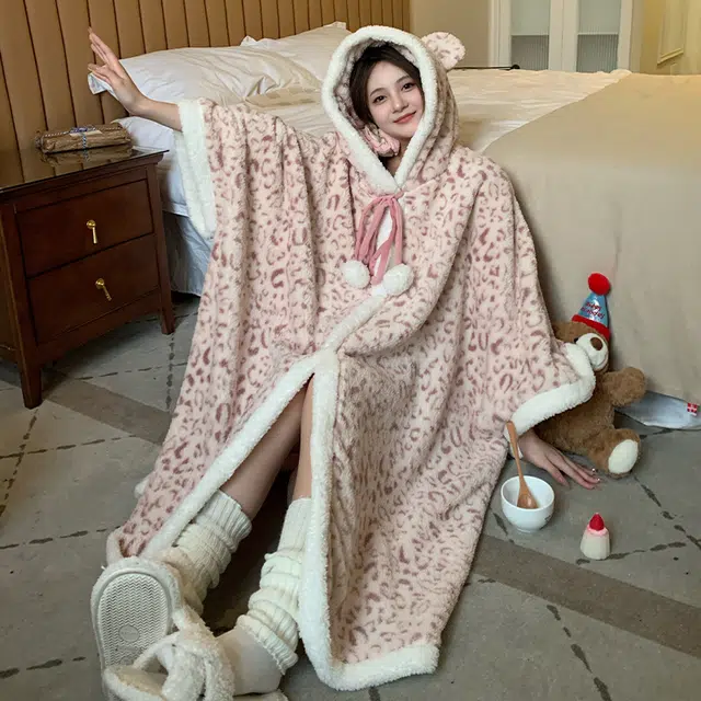 夏芬妍 柔软亲肤时尚家居服加厚保暖可外穿睡袍/浴袍 女款 粉色