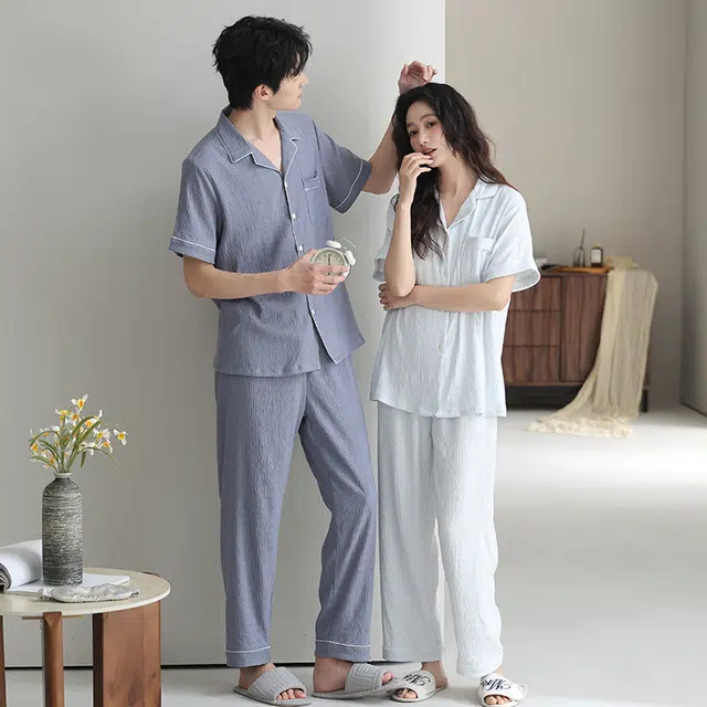 夏芬妍 柔软舒适纯色云朵棉时尚翻领开衫家居服休闲亲肤可外穿短袖长裤睡衣套装 男女同款