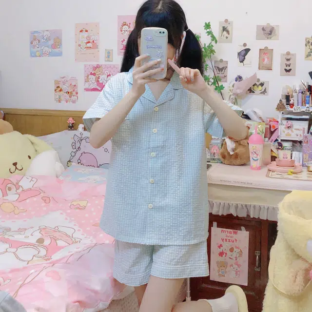 夏芬妍 简约休闲舒适时尚纯色纯棉翻领家居服亲肤宽松短袖短裤可外穿睡衣套装 女款 蓝色
