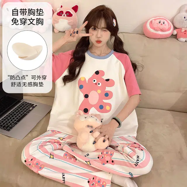 夏芬妍 柔软舒适休闲圆领条纹卡通带胸垫短袖长裤时尚可外穿家居服睡衣套装 女款 粉色