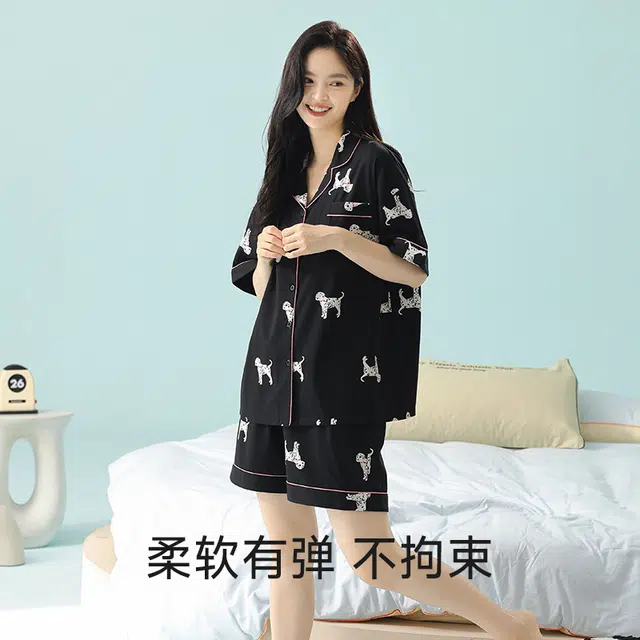 夏芬妍 柔软舒适透气亲肤可爱斑点狗家居服休闲凉感时尚可外穿睡衣套装 女款 黑色