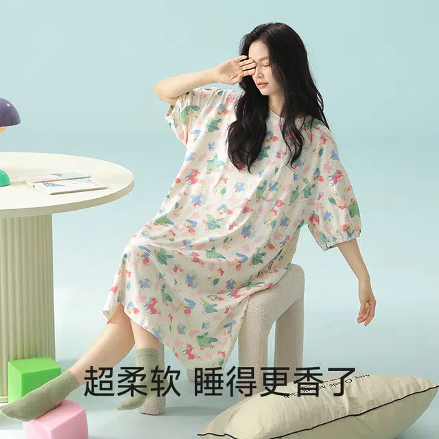 夏芬妍 柔软舒适透气亲肤萌宠油画圆领睡衣家居服休闲宽松凉感短袖时尚可外穿睡裙 女款 杏色