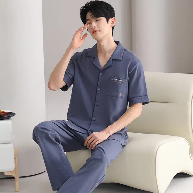 夏芬妍 简约舒适纯色纯棉翻领家居服亲肤宽松休闲短袖短裤长裤三件套时尚可外穿睡衣套装 男款 黛蓝色