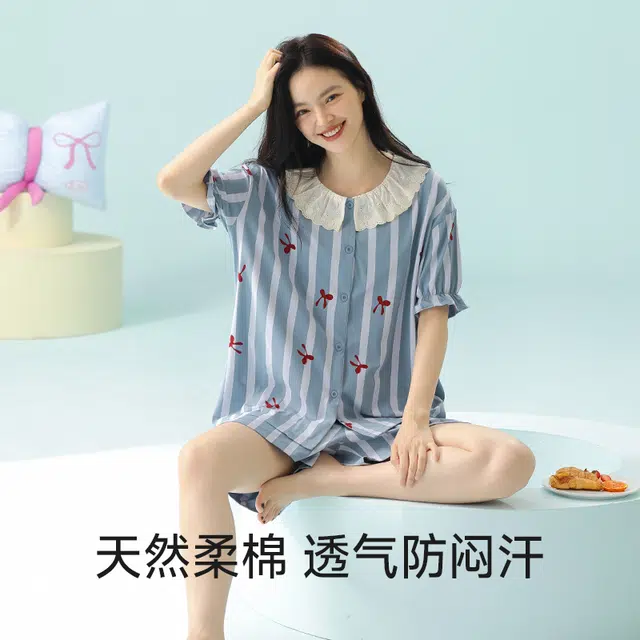 夏芬妍 柔软舒适透气翻领亲肤条纹家居服休闲短袖上衣可外穿三分裤睡衣套装 女款 蓝色