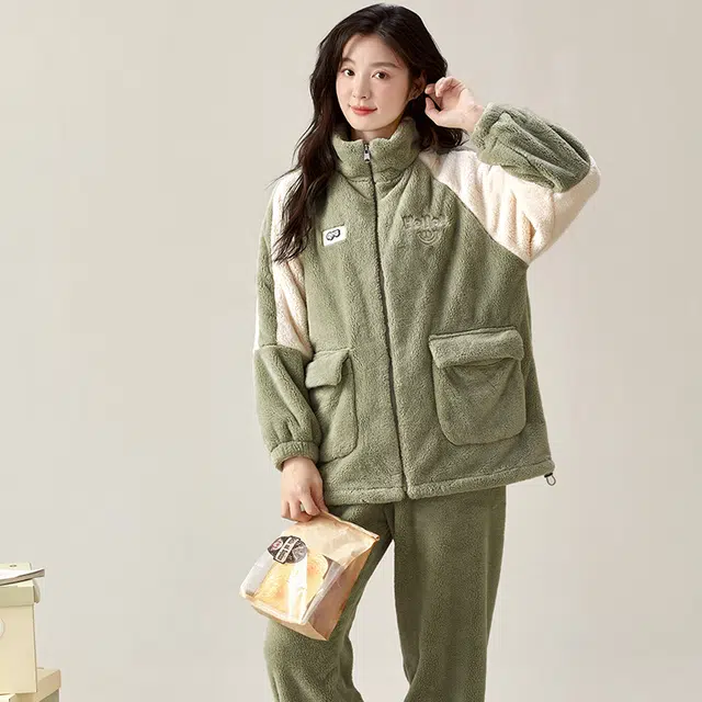 夏芬妍 简约时尚亲肤拉链立领加厚保暖舒适可外穿睡衣套装 女款 海绿色