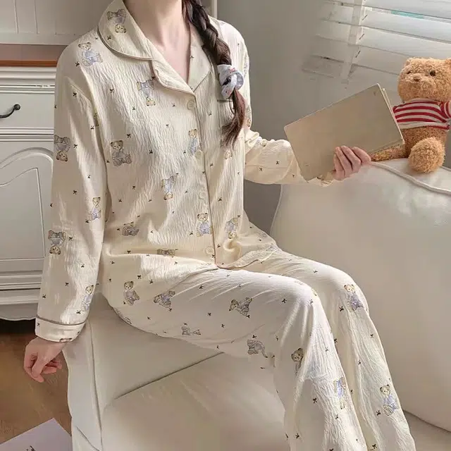 夏芬妍 柔软舒适蝴蝶结小熊云朵棉开衫家居服亲肤休闲长袖长裤可外穿春秋款睡衣套装 女款 杏色