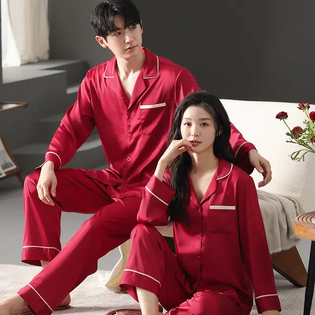 夏芬妍 大红喜庆系列  柔软舒适丝滑结婚本命年翻领冰丝家居服休闲长袖长裤短袖短裤可外穿睡衣套装 男女同款