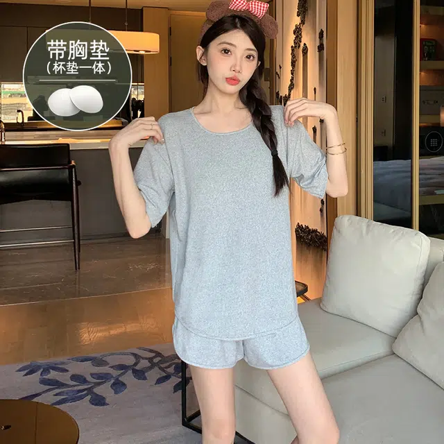 夏芬妍 柔软舒适慵懒风纯色圆领家居服亲肤休闲带胸垫短袖短裤时尚可外穿睡衣套装 女款 浅灰色